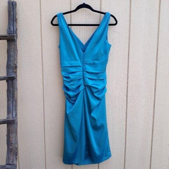 Suzi Chin Dress Y2K Cocktail Ruched Draped Surplice Satin Slip Teal - Picture 7 of 12